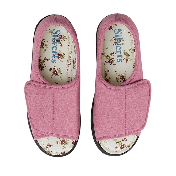 Like New Silvert’s Adaptive Open Toe Diabetic Shoes Pink Floral Slip On Size 9 - Picture 2 of 14
